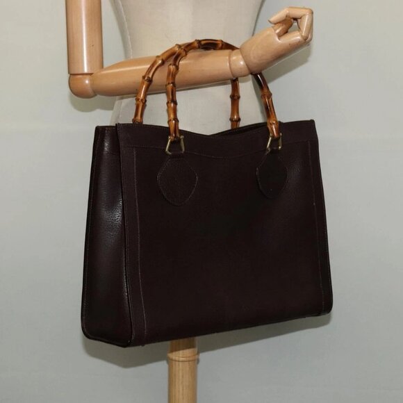 GUCCI Bamboo Hand Bag Leather Brown Gold Auth - Picture 1 of 16